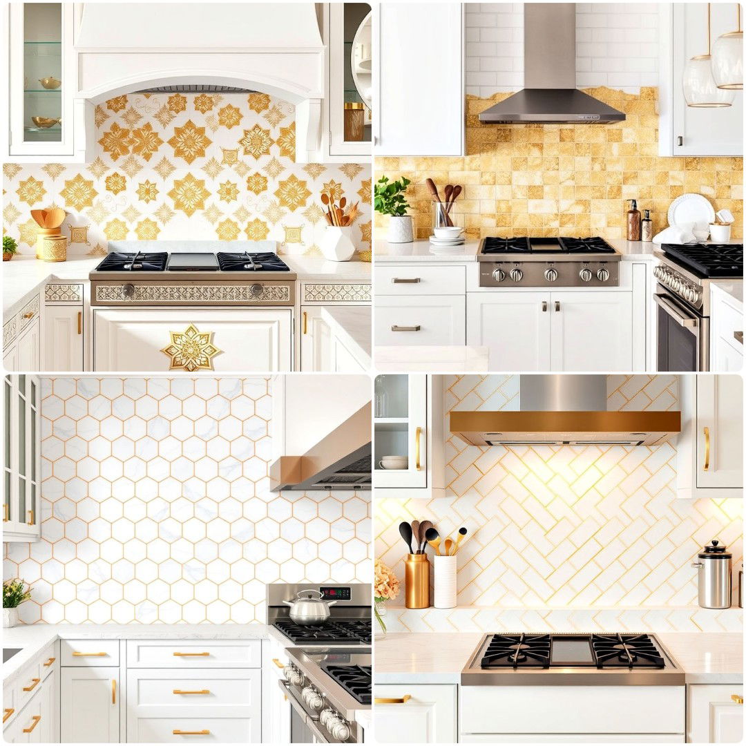 white and gold kitchen backsplash ideas