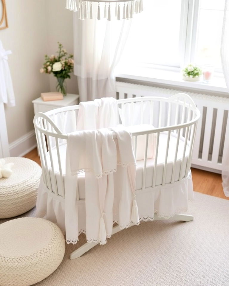 white bassinet with soft linens