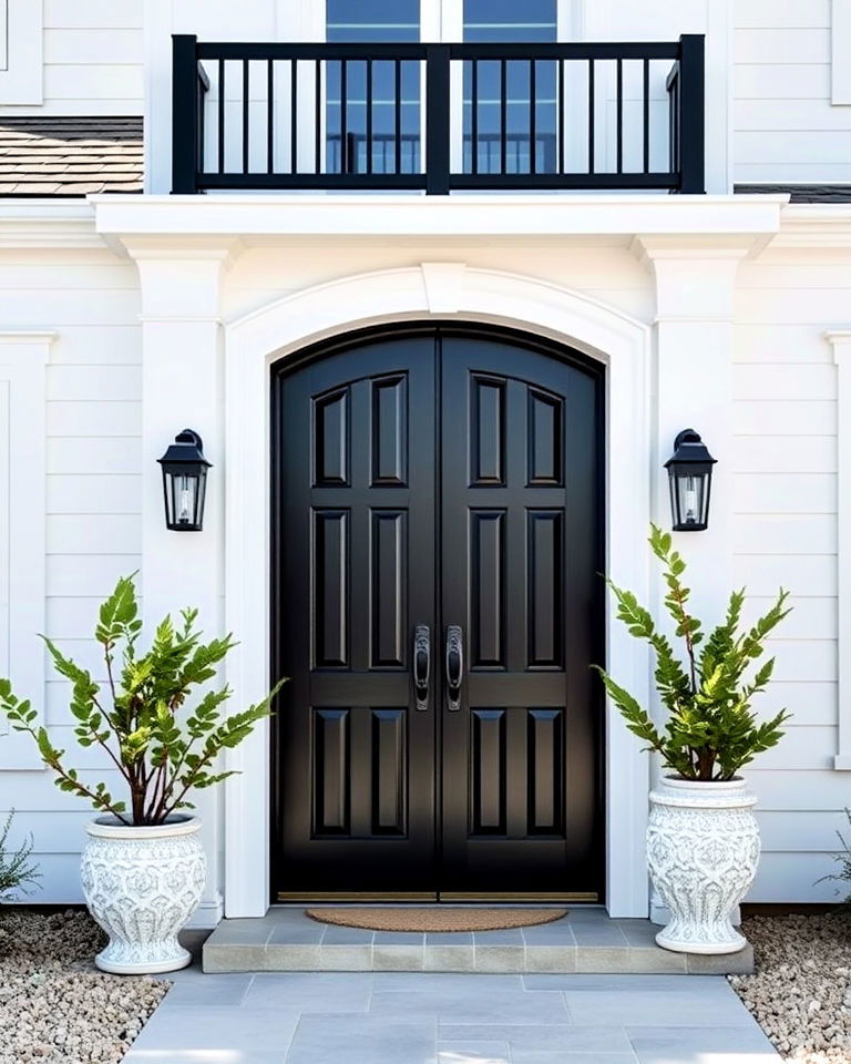 white beach style home with black door