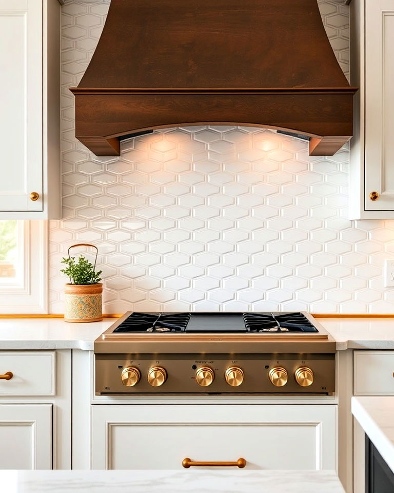 white beveled tile backsplash with gold edge