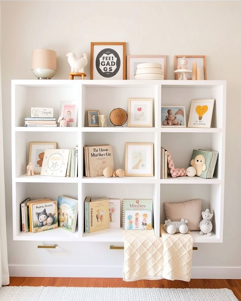 white bookshelves for baby’s first library