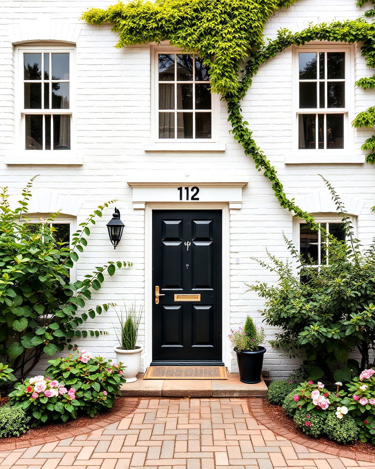 white brick exterior with a black paneled door