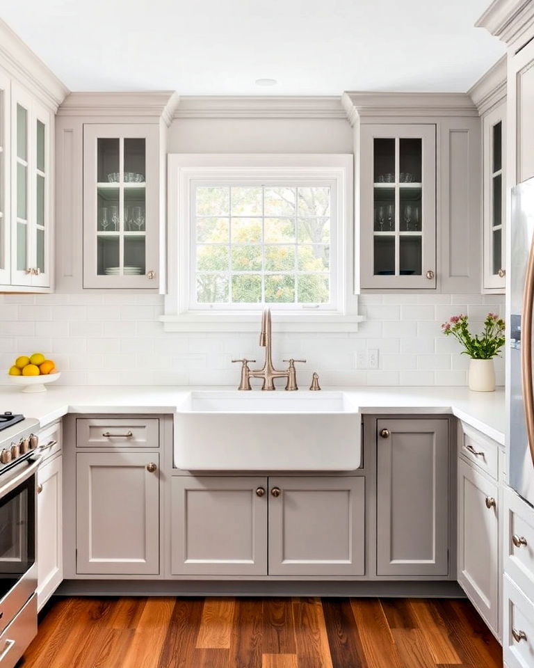 white farmhouse kitchen sink with grey cabinets