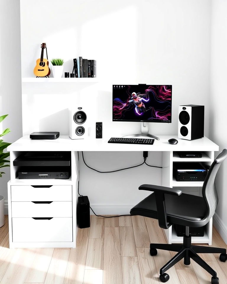 white gaming desk with built in storage