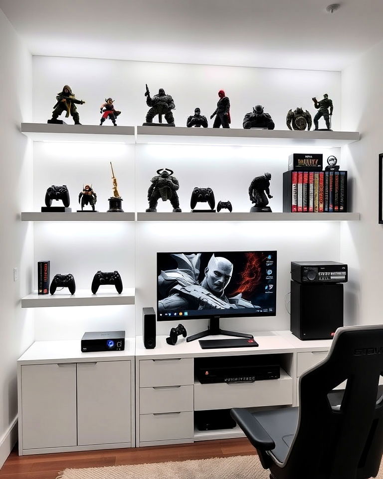 white gaming shelf displays
