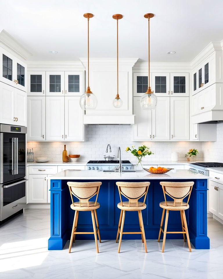 white kitchen cabinets with a bold blue island