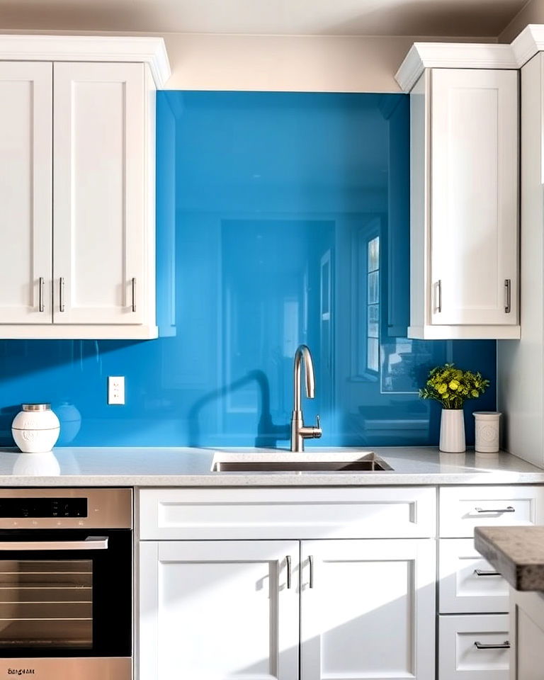 white kitchen cabinets with blue glass backsplash