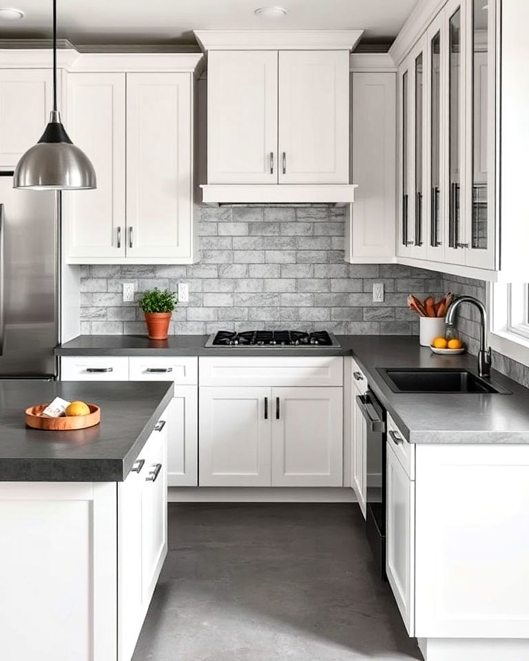 white kitchen cabinets with grey concrete countertops