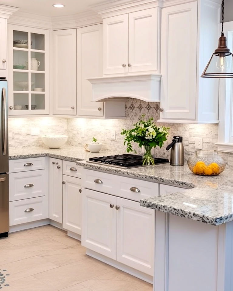 white kitchen cabinets with grey granite countertops