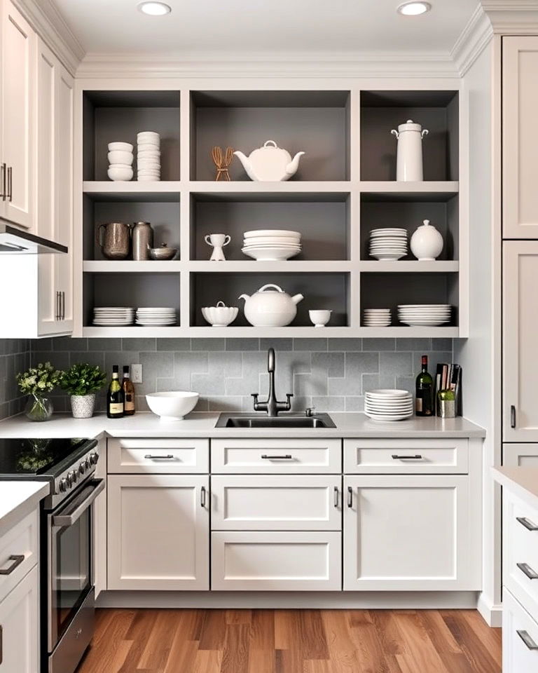 white kitchen cabinets with grey open shelving