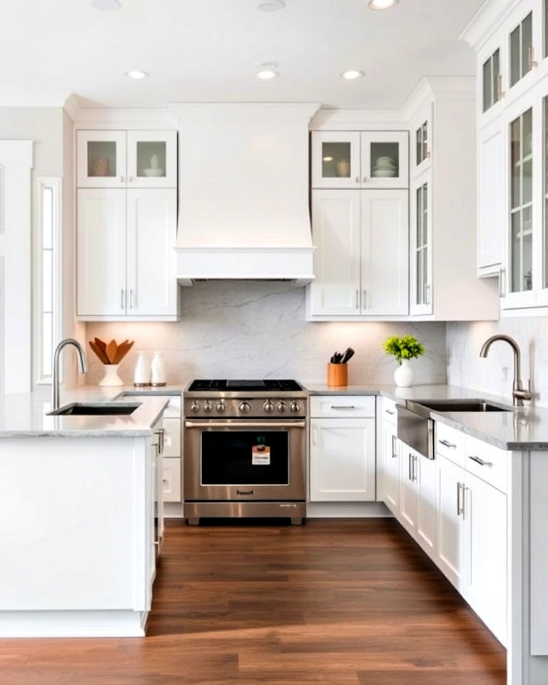 white kitchen cabinets with grey quartz countertops