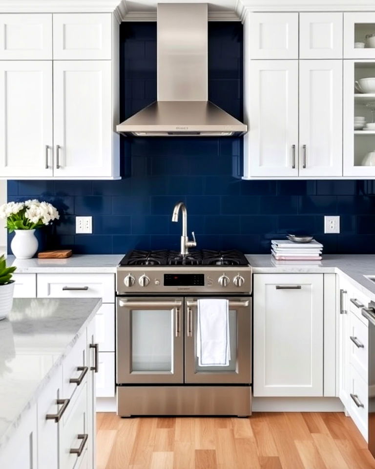 white kitchen cabinets with striking navy backsplash