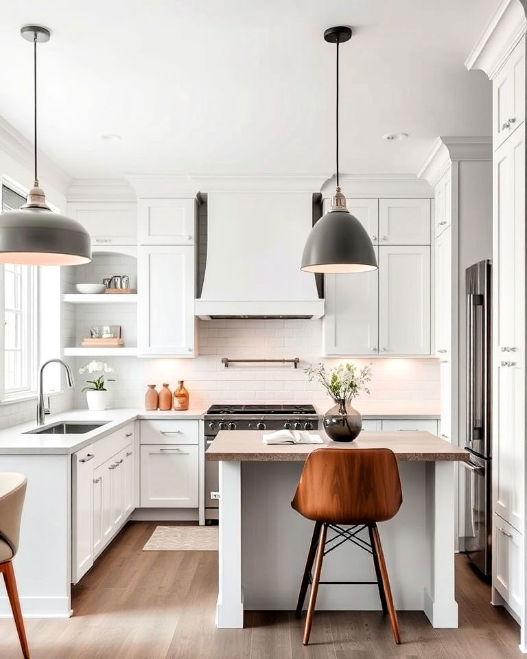 white kitchen with a sleek grey pendant lighting