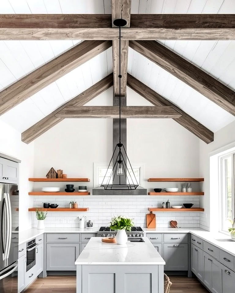 white kitchen with rustic grey exposed beams