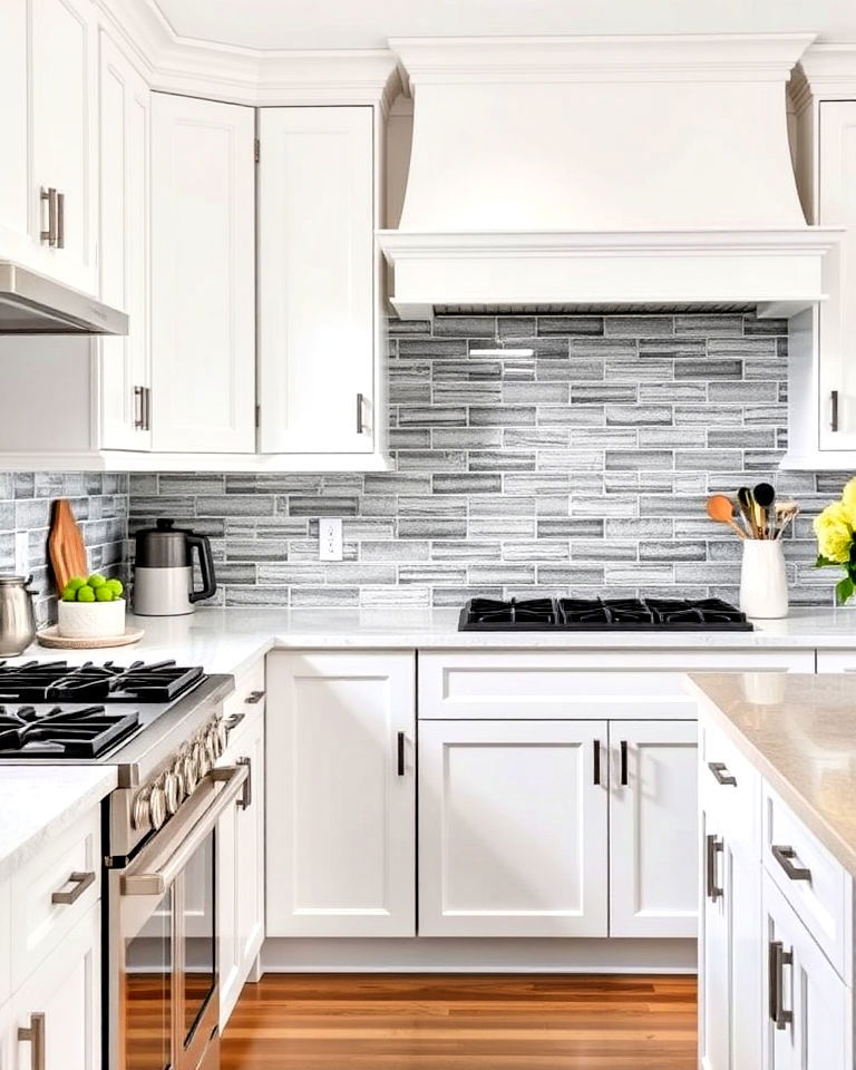 white shaker style kitchen cabinets with grey backsplash