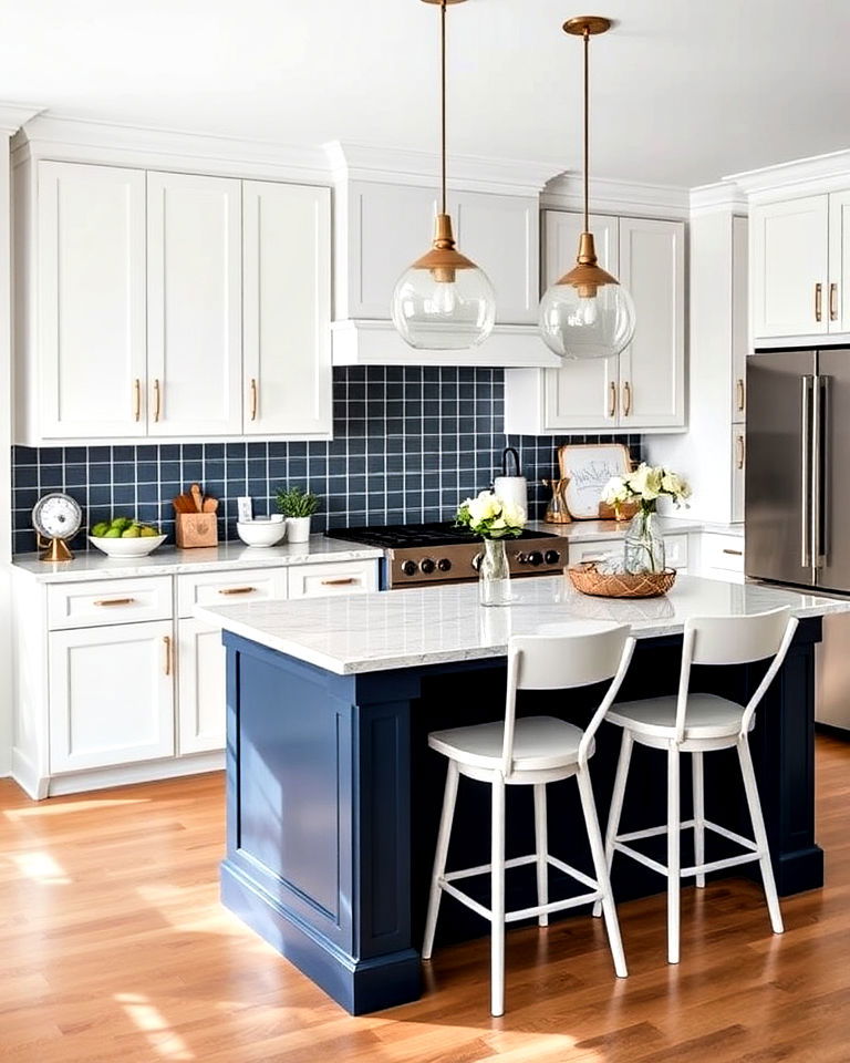white shaker style kitchen cabinets with navy island