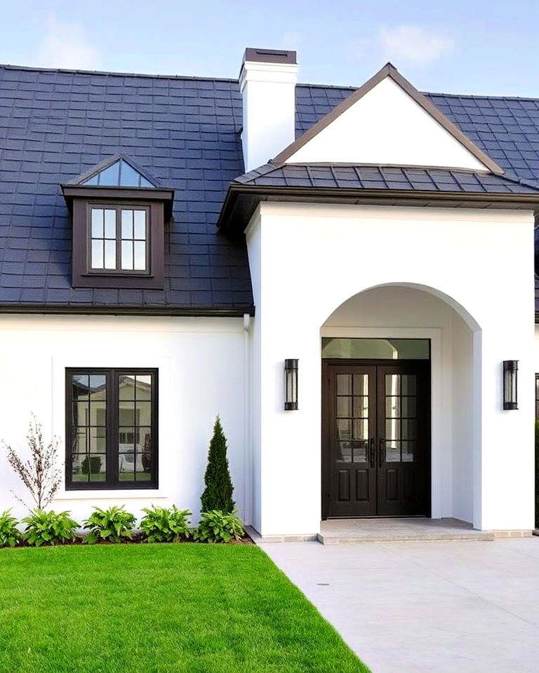 white stucco exterior walls with black roof