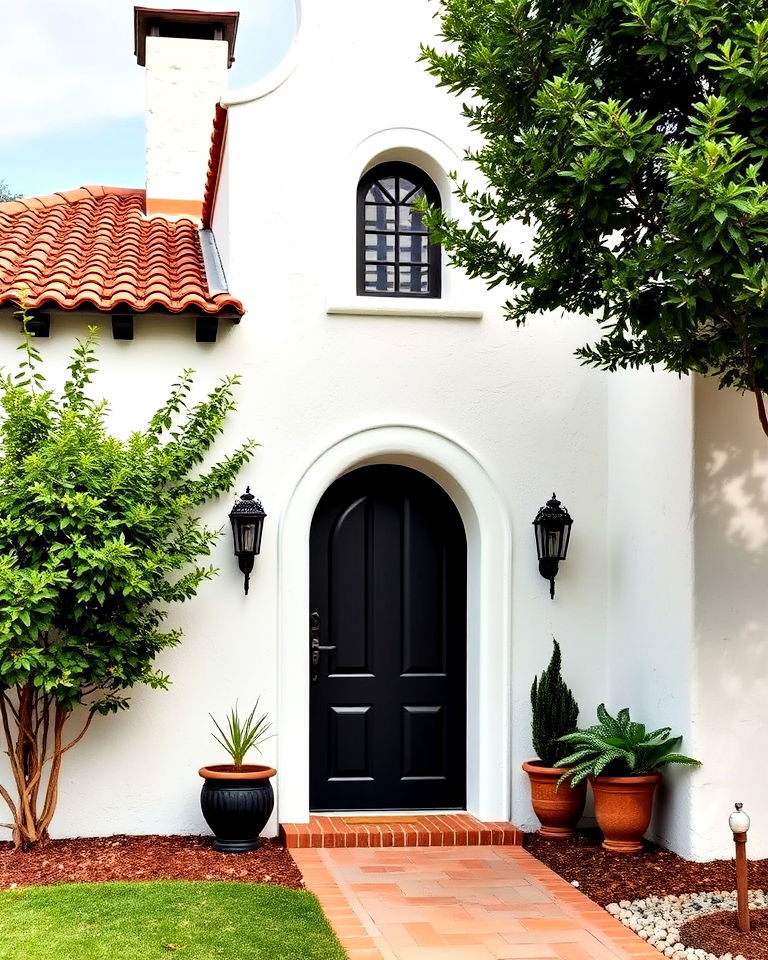 white stucco exterior with black arched door