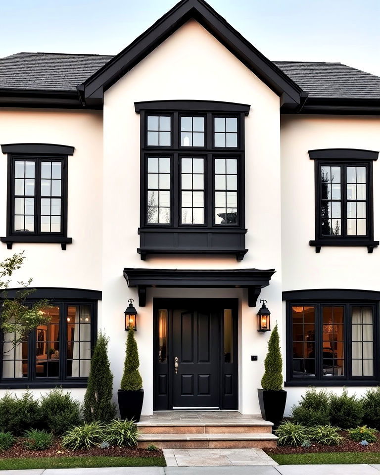 white stucco with bold dark trim exterior