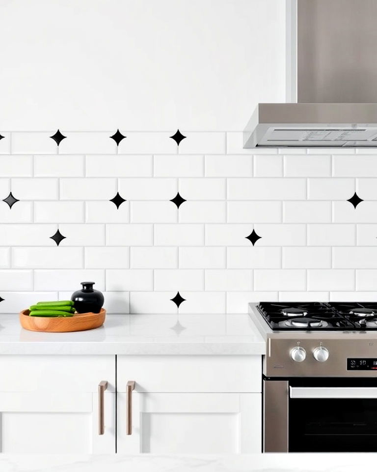 white tiles with black corners backsplash