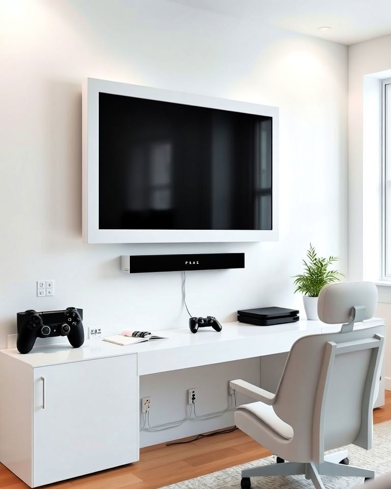white wall mounted tv for console gaming