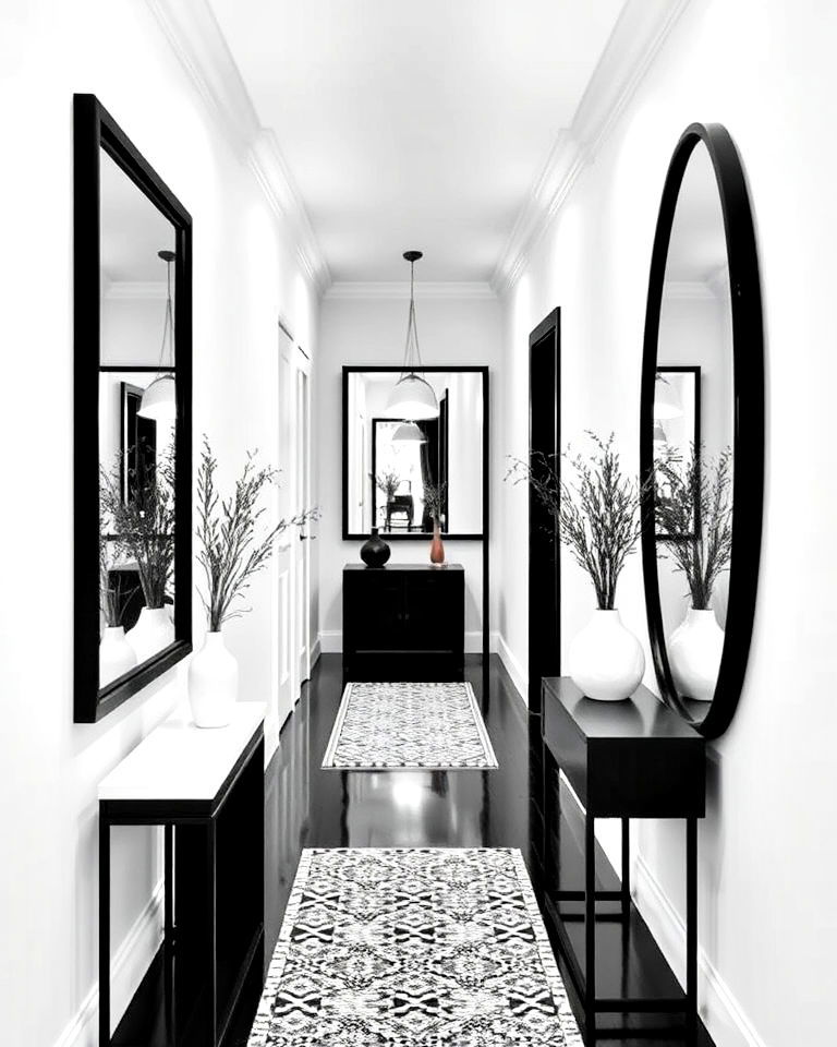 white walls with black framed mirrors for hallway