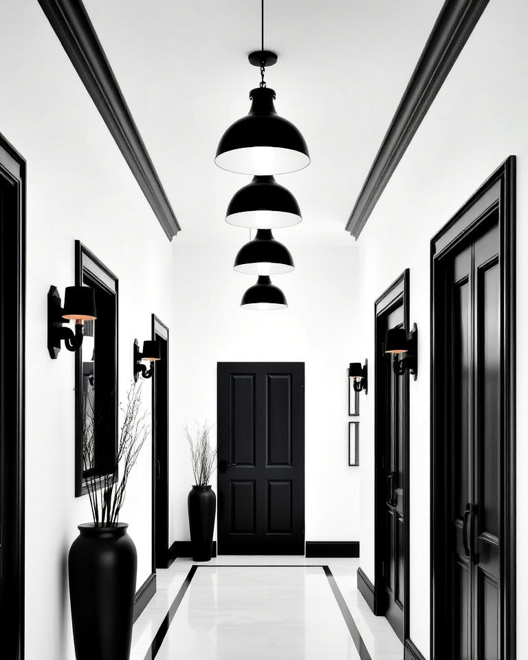 white walls with black pendant lighting in a hallway