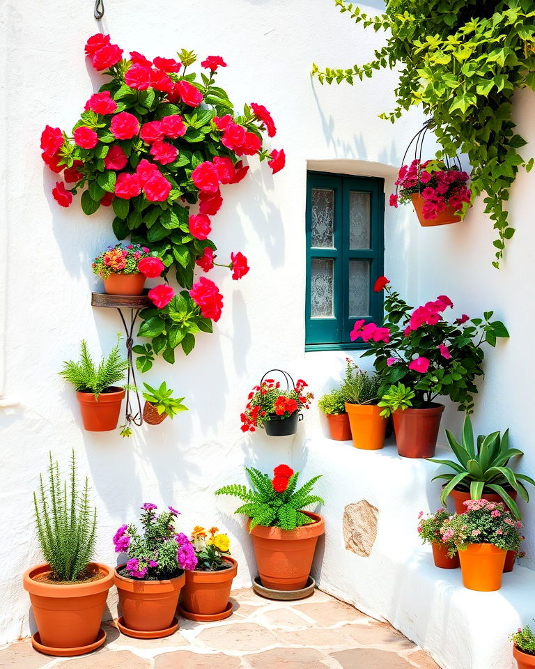 whitewashed walls and potted plants