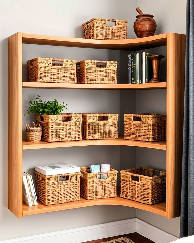 wicker basket corner shelves for cozy interiors