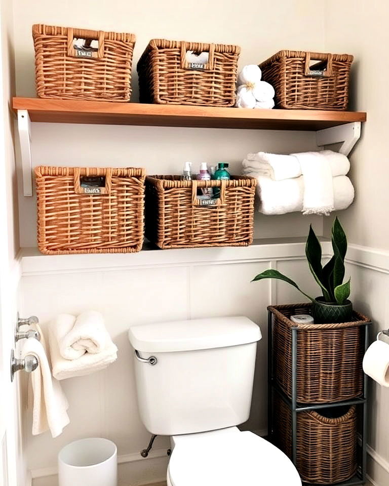 wicker baskets on open shelving above the toilet