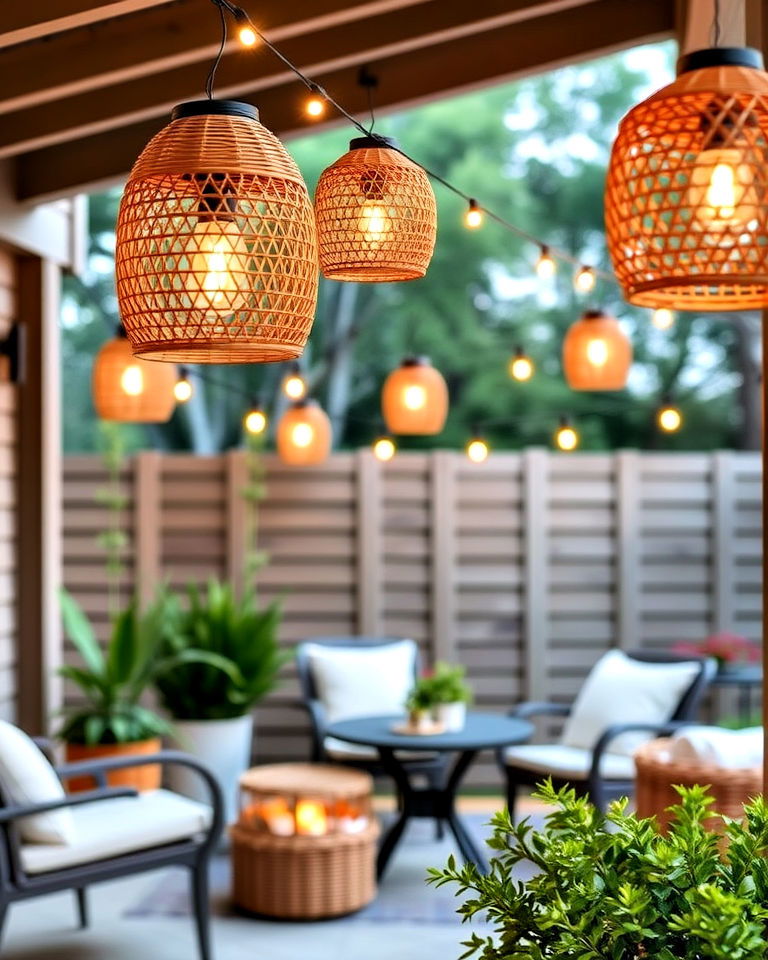 wicker lantern string lights for coastal charm patio