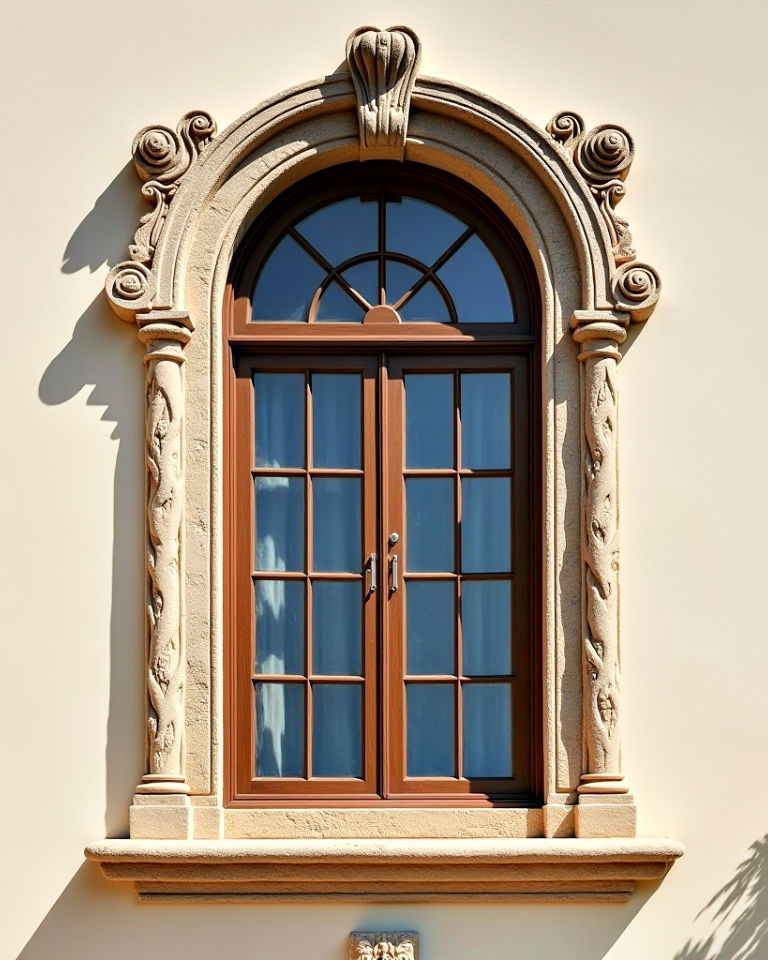 windows with carved stone frames
