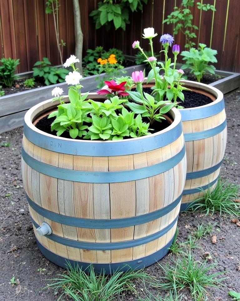 wine barrel raised beds for a unique touch