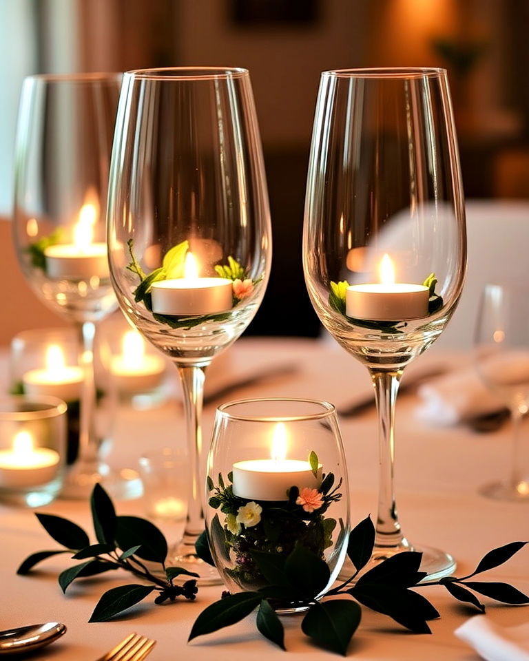 wine glass candle holders with floating flowers