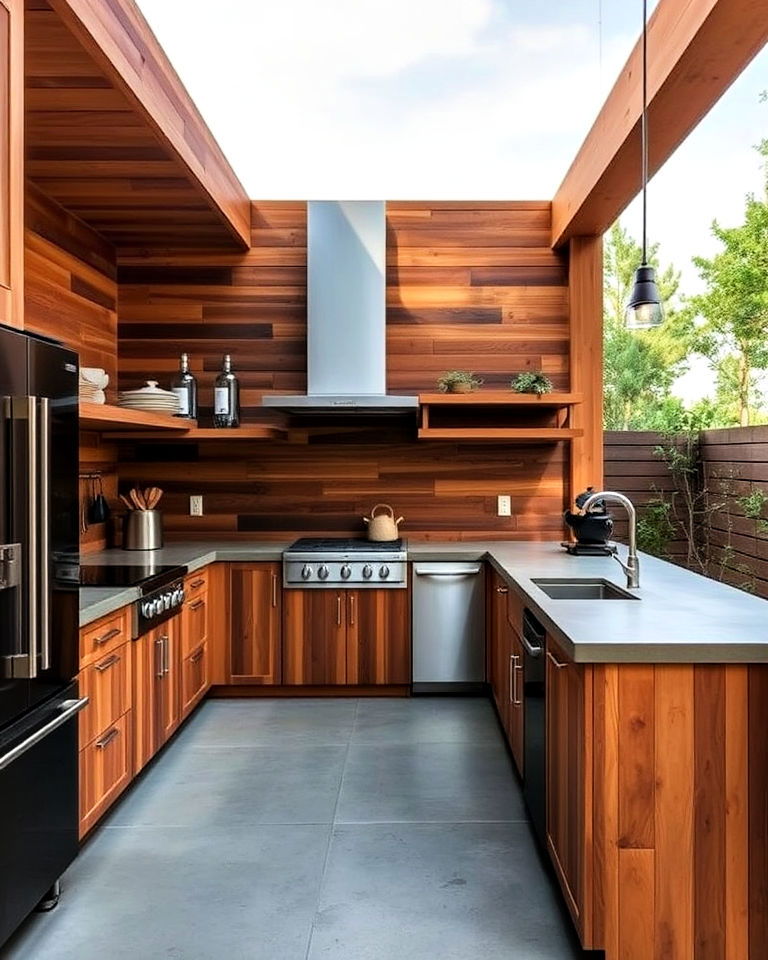 wood and concrete modern outdoor kitchen