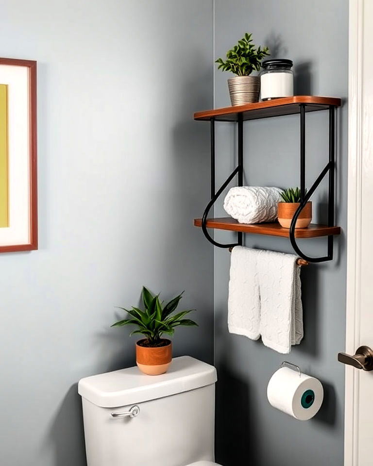 wood and metal corner shelves above the toilet
