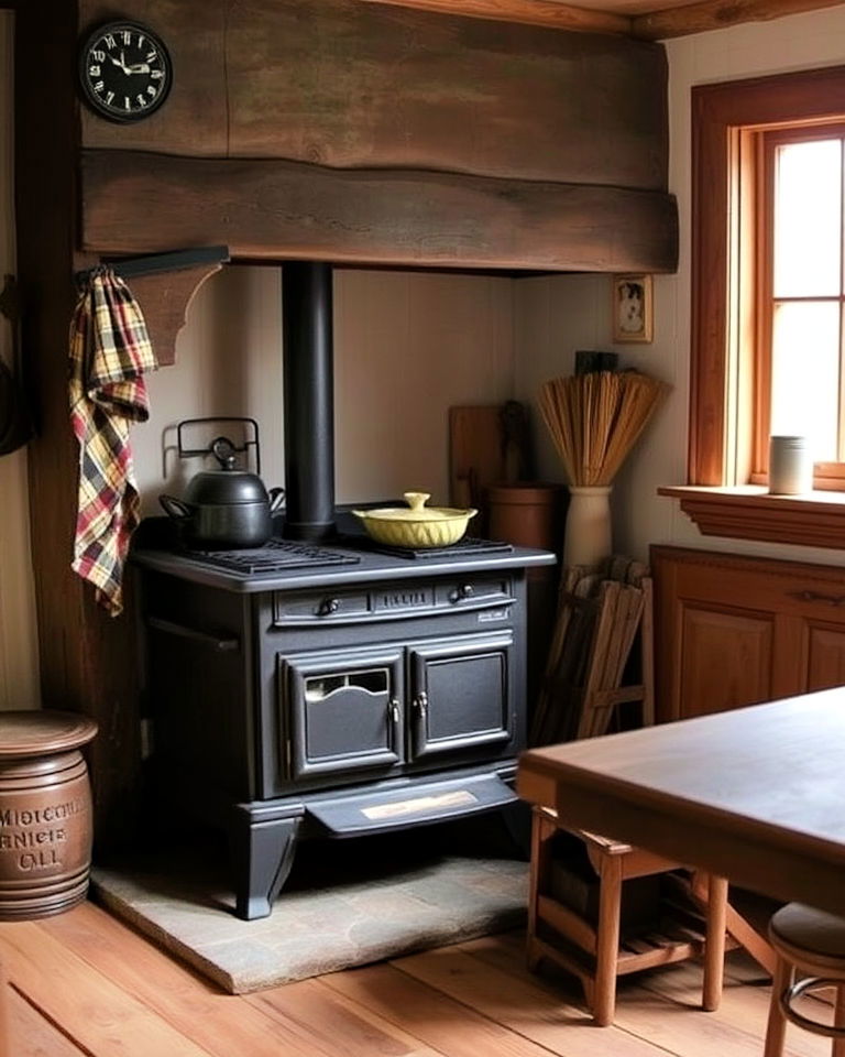 wood burning stove as a cozy kitchen focal point