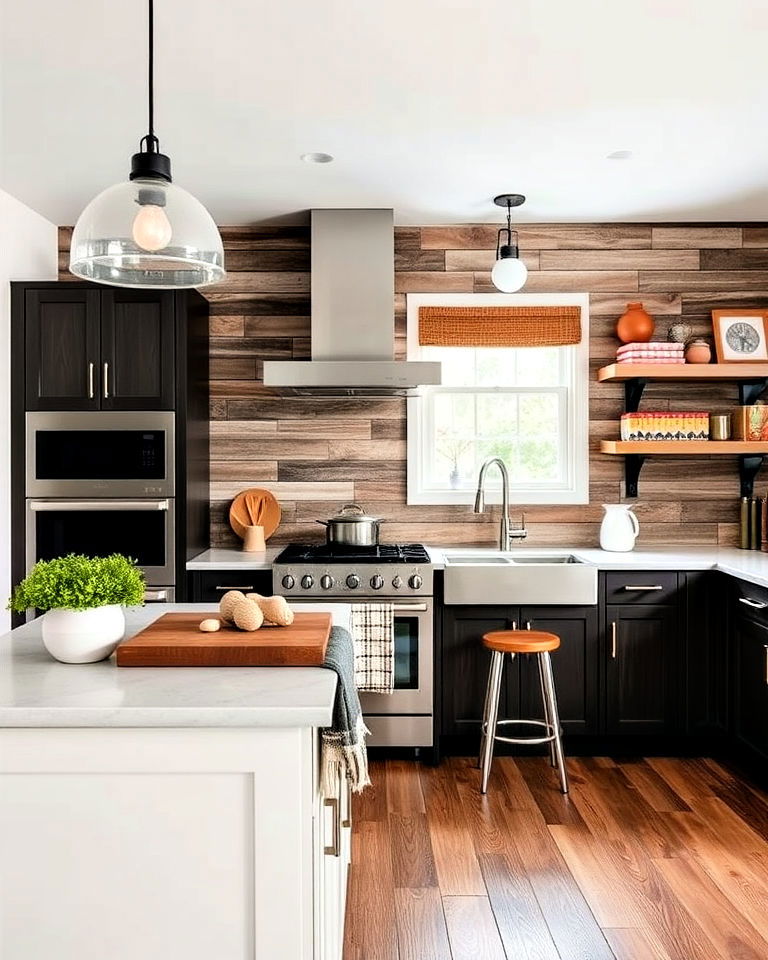 wood effect wallpaper for rustic kitchen