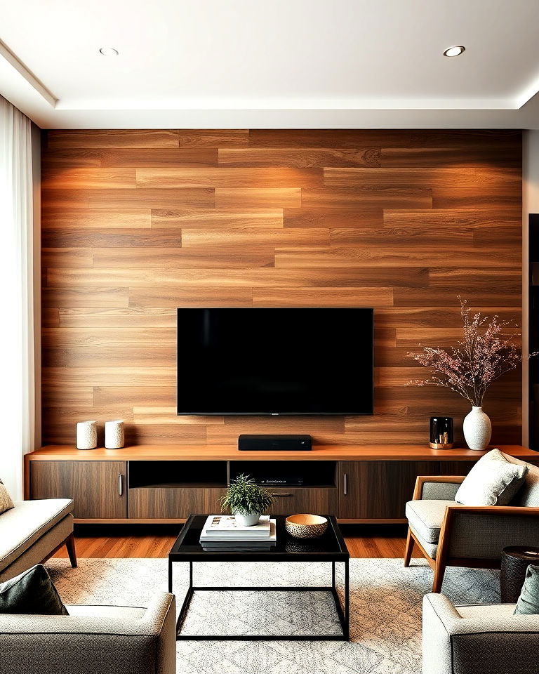 wood panel accent wall for texture tv room
