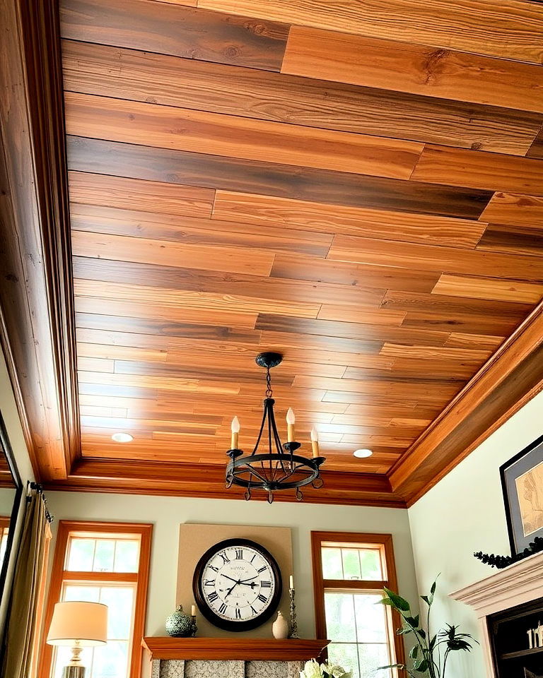 wood panel tray ceiling for living room