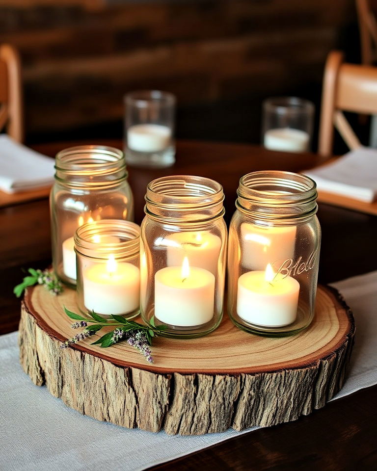 wood slice with mason jar candles
