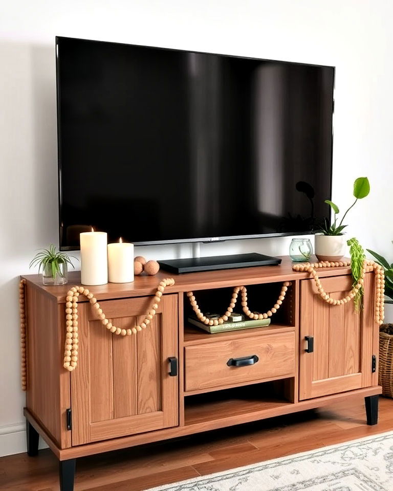 wooden beads for a boho tv console decor