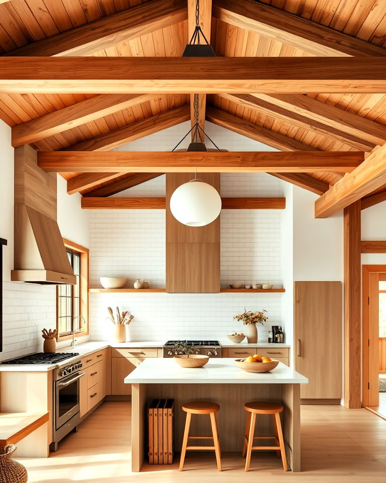 wooden ceiling beams japandi kitchen