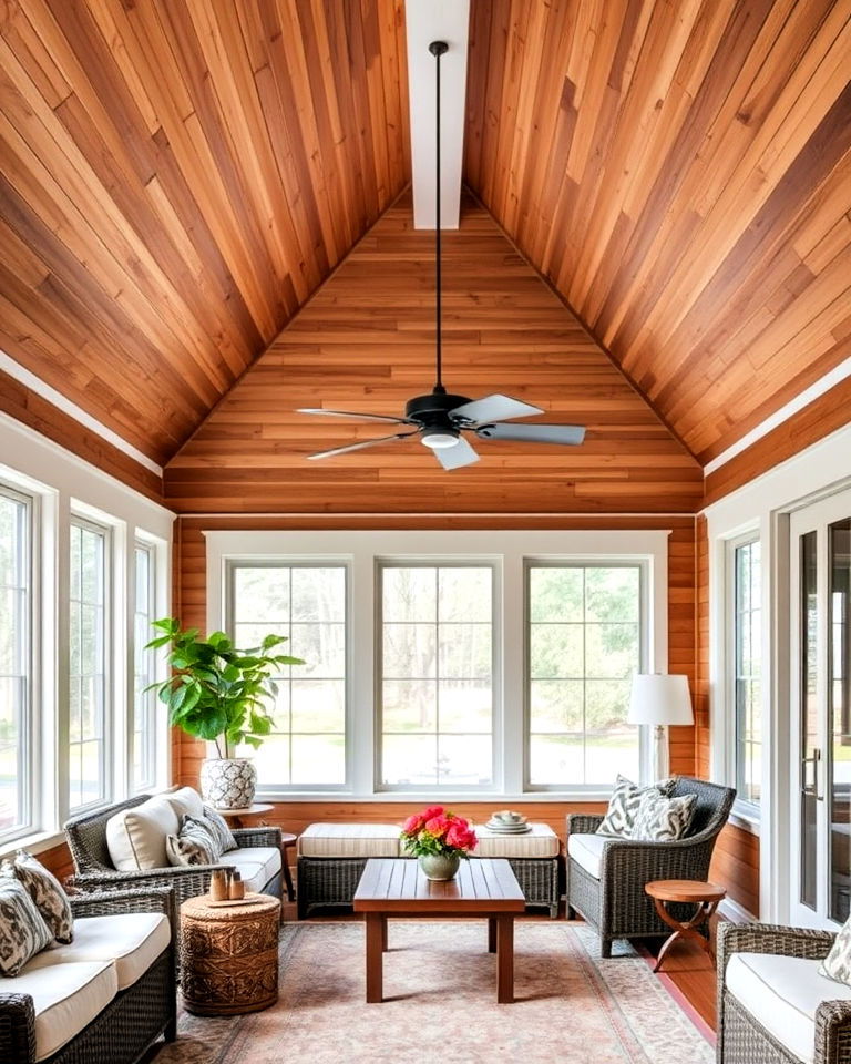 wooden plank sunroom ceiling for a cozy rustic vibe