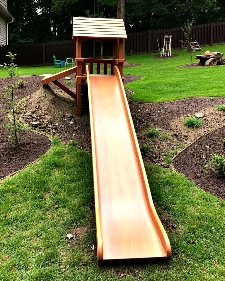 wooden slide built into a sloped backyard