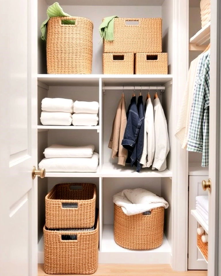 woven baskets to keep the nursery closet organized