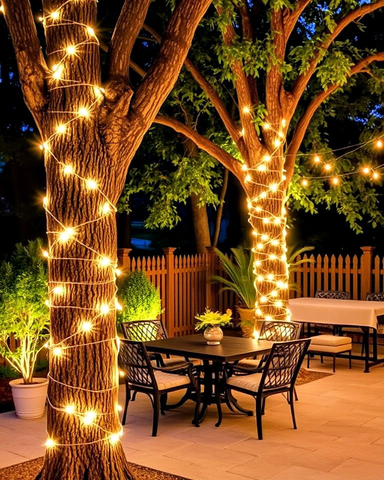 wrapped around tree trunks vertical light