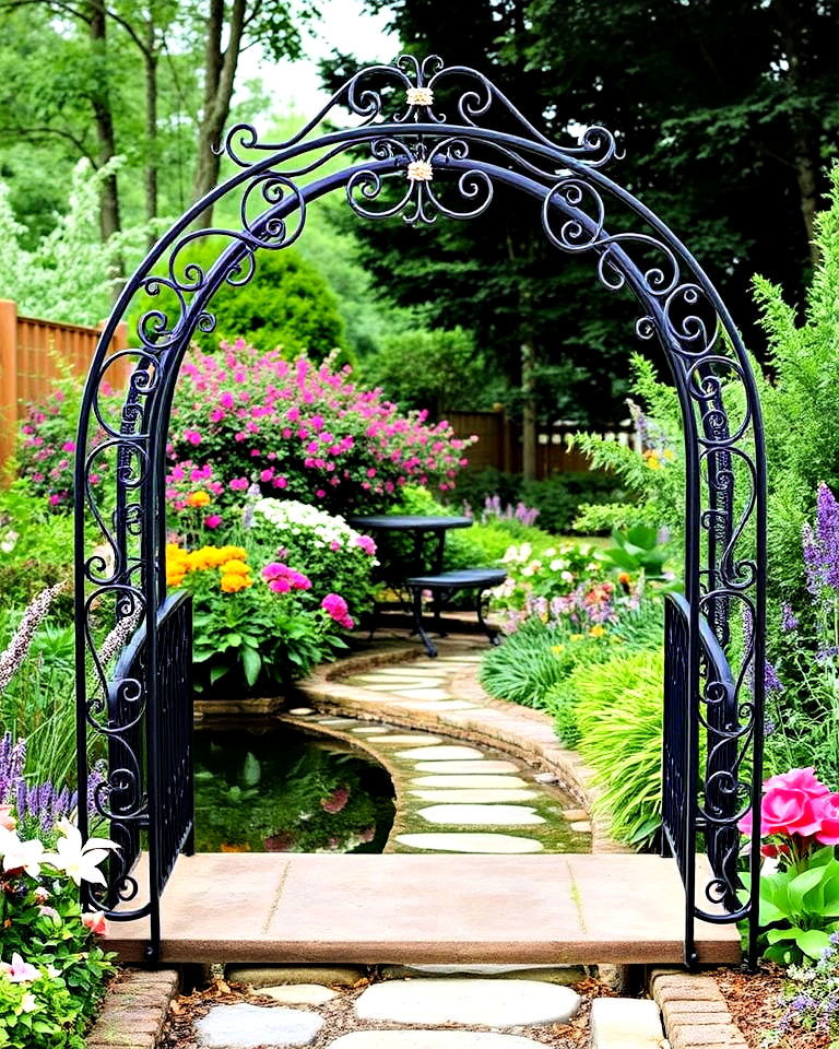 wrought iron archway garden bridge