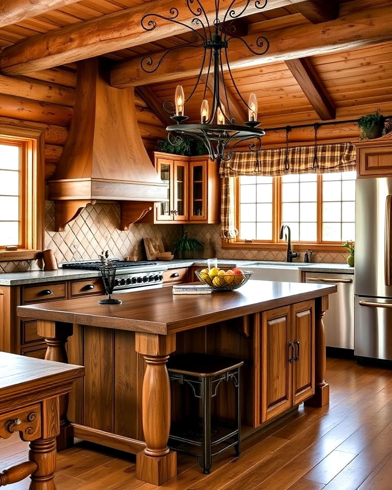 wrought iron kitchen details for log cabin elegance