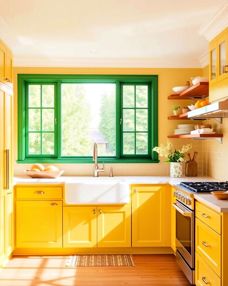 yellow kitchen cabinets with green window frames